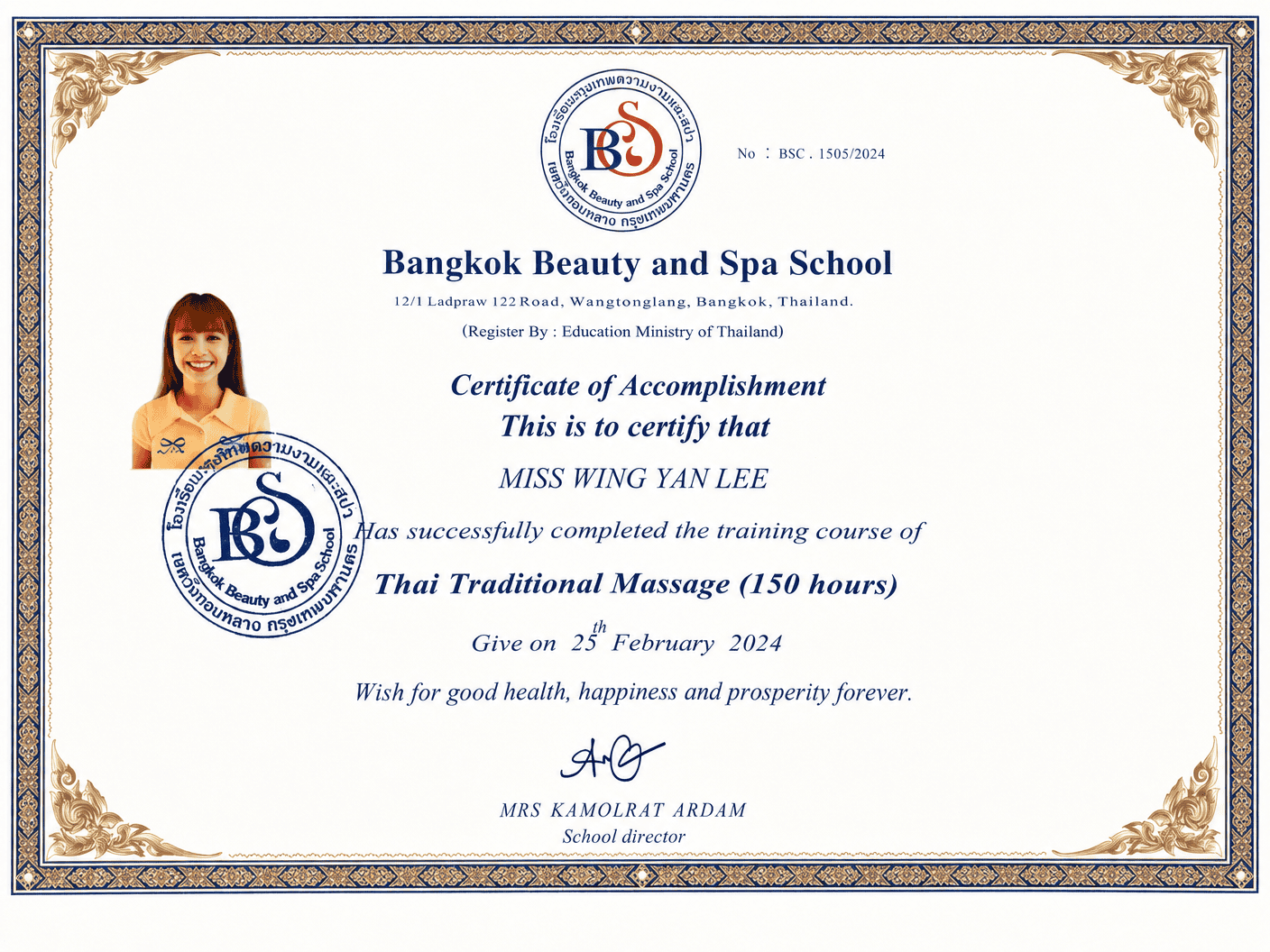 Bangkok Beauty & Spa School Certificate