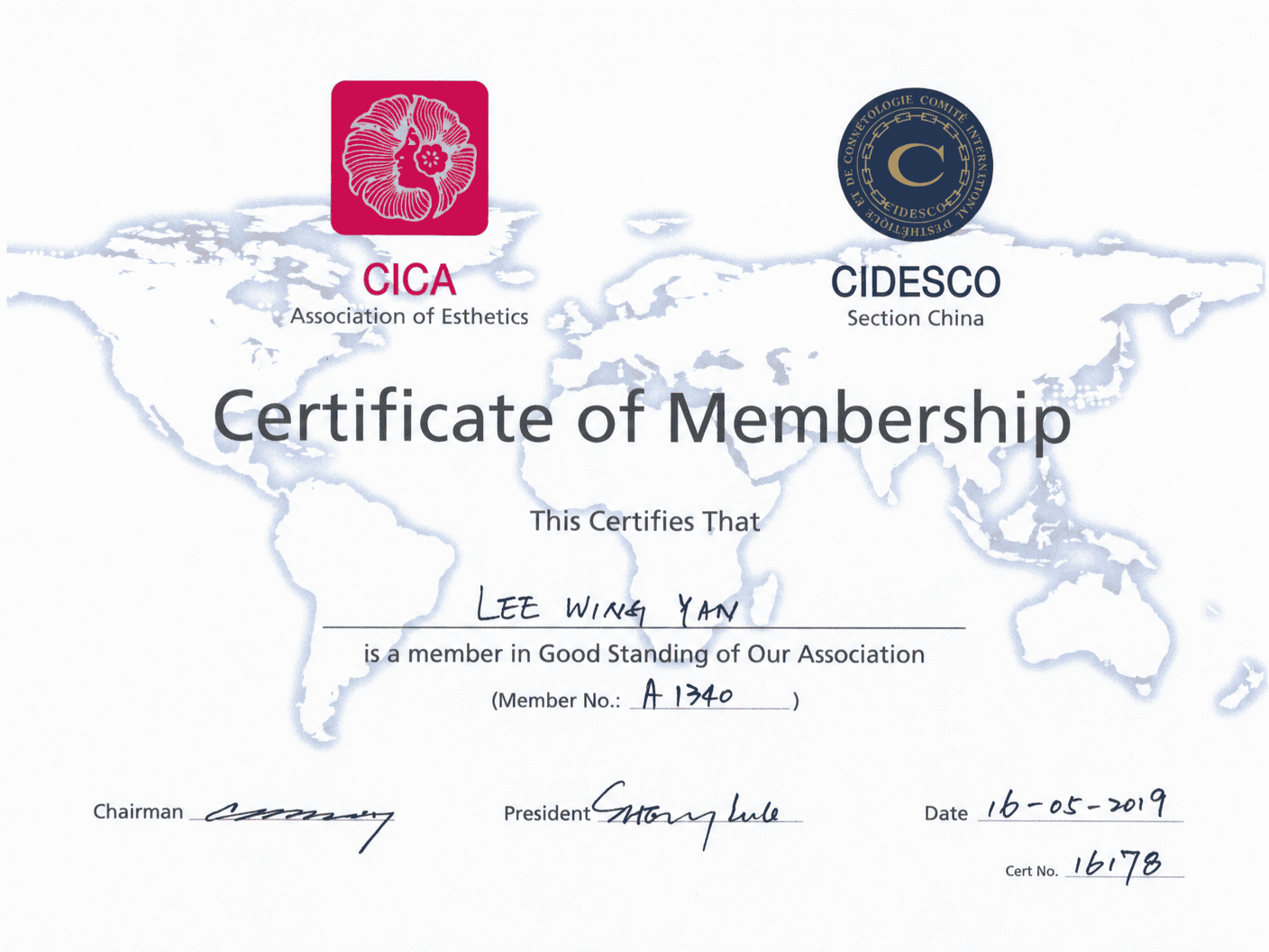 CICA 國際斯佳美容協會暨 CIDESCO 聖迪斯哥國際美容協會會員證書